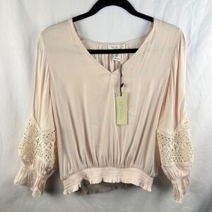 NEW Rachel Zoe Cream Satin Peasant Blouse Crochet Smocked Medium Boho Festival